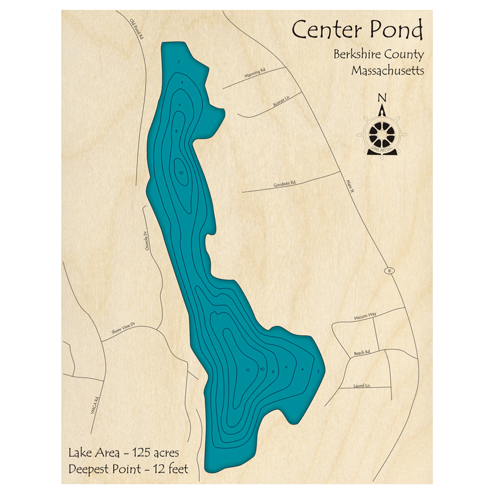Bathymetric topo map of Center Pond, MA with roads, towns and depths noted in blue water.
