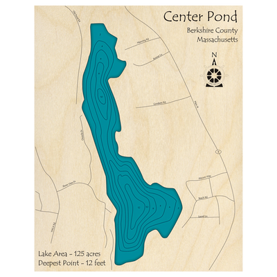Bathymetric topo map of Center Pond, MA with roads, towns and depths noted in blue water.