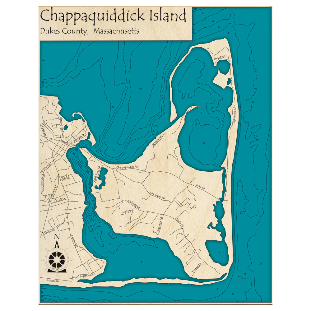 Bathymetric topo map of Chappaquiddick Island, MA with roads, towns and depths noted in blue water.