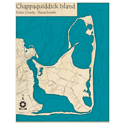 Bathymetric topo map of Chappaquiddick Island, MA with roads, towns and depths noted in blue water.