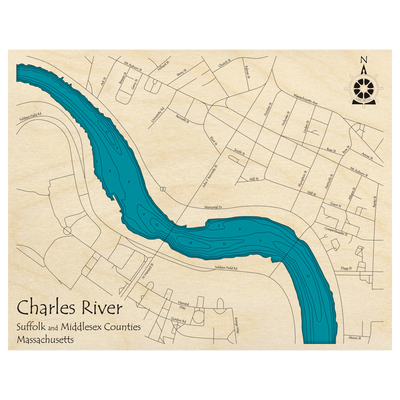 Bathymetric topo map of Charles River, MA with roads, towns and depths noted in blue water.