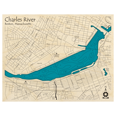Bathymetric topo map of Charles River, MA with roads, towns and depths noted in blue water.