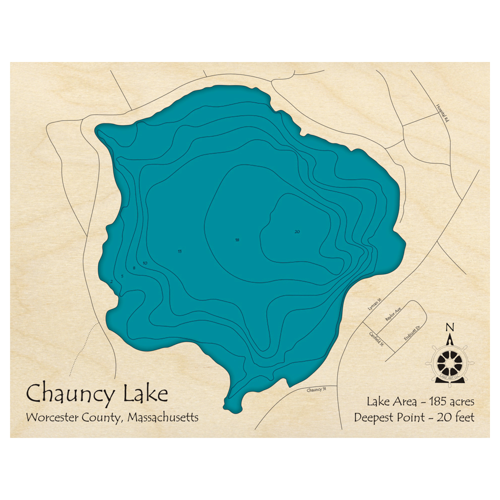 Bathymetric topo map of Chauncy Lake, MA with roads, towns and depths noted in blue water.