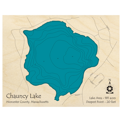 Bathymetric topo map of Chauncy Lake, MA with roads, towns and depths noted in blue water.