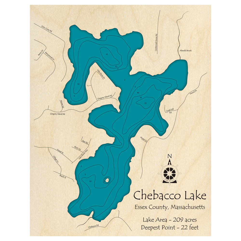Bathymetric topo map of Chebacco Lake, MA with roads, towns and depths noted in blue water.