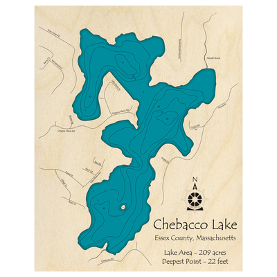 Bathymetric topo map of Chebacco Lake, MA with roads, towns and depths noted in blue water.