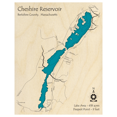 Bathymetric topo map of Cheshire Reservoir, MA with roads, towns and depths noted in blue water.
