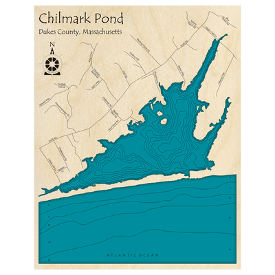Bathymetric topo map of Chilmark Pond, MA with roads, towns and depths noted in blue water.
