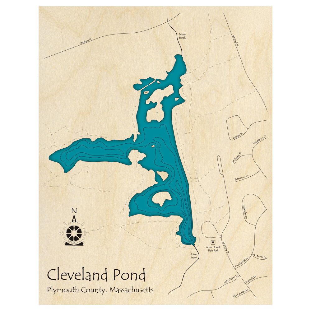 Bathymetric topo map of Cleveland Pond, MA with roads, towns and depths noted in blue water.