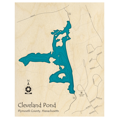 Bathymetric topo map of Cleveland Pond, MA with roads, towns and depths noted in blue water.