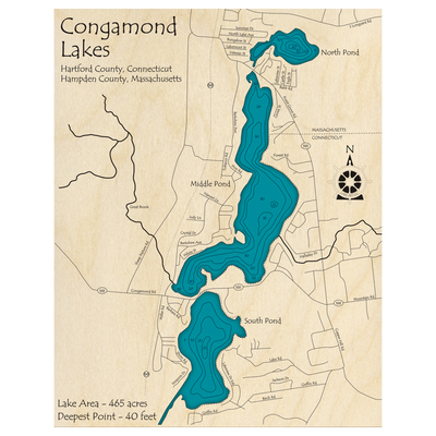 Bathymetric topo map of Congamond Lakes, MA with roads, towns and depths noted in blue water.