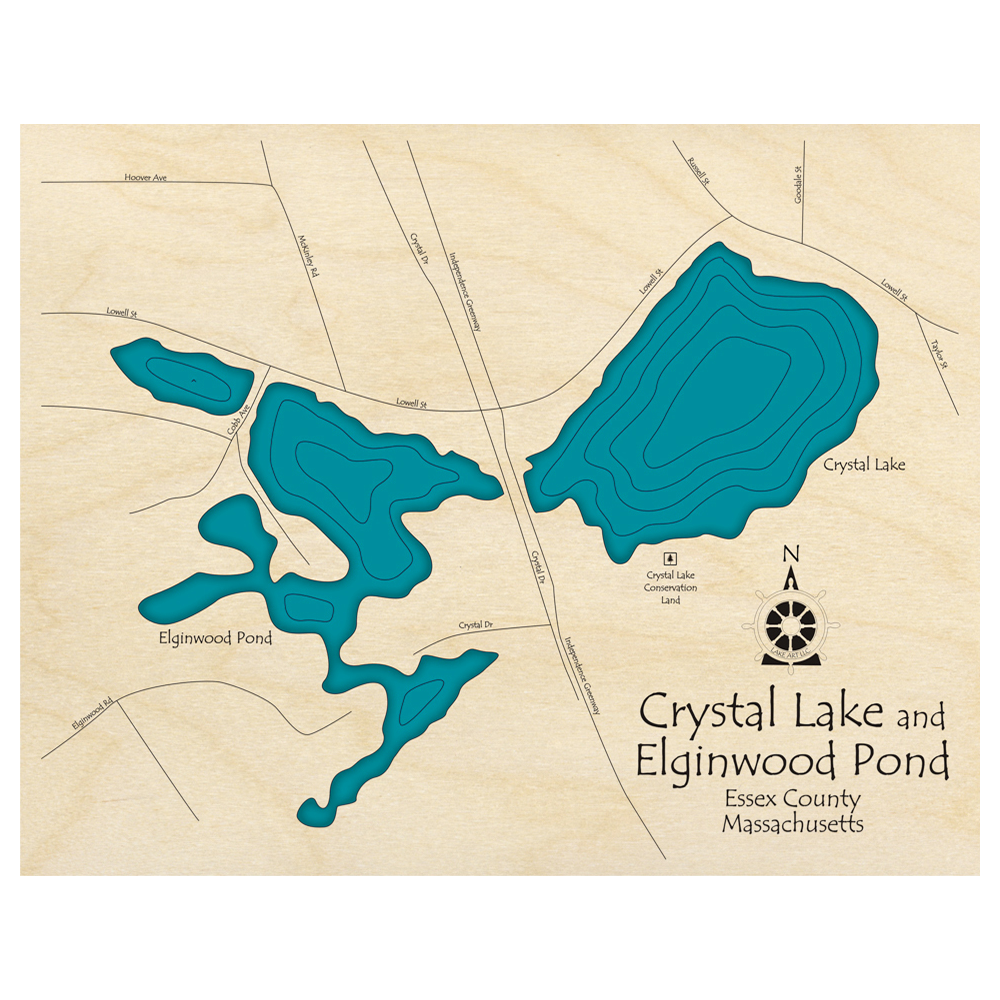 Bathymetric topo map of Crystal Lake and Elginwood Pond, MA with roads, towns and depths noted in blue water.