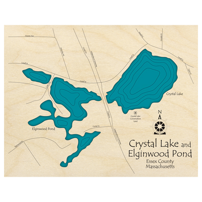 Bathymetric topo map of Crystal Lake and Elginwood Pond, MA with roads, towns and depths noted in blue water.