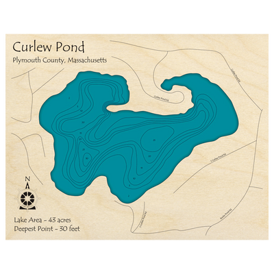 Bathymetric topo map of Curlew Pond, MA with roads, towns and depths noted in blue water.