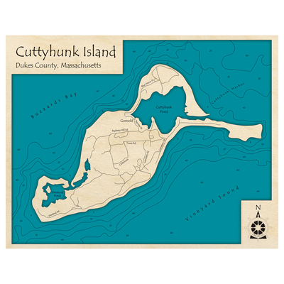 Bathymetric topo map of Cuttyhunk Island, MA with roads, towns and depths noted in blue water.