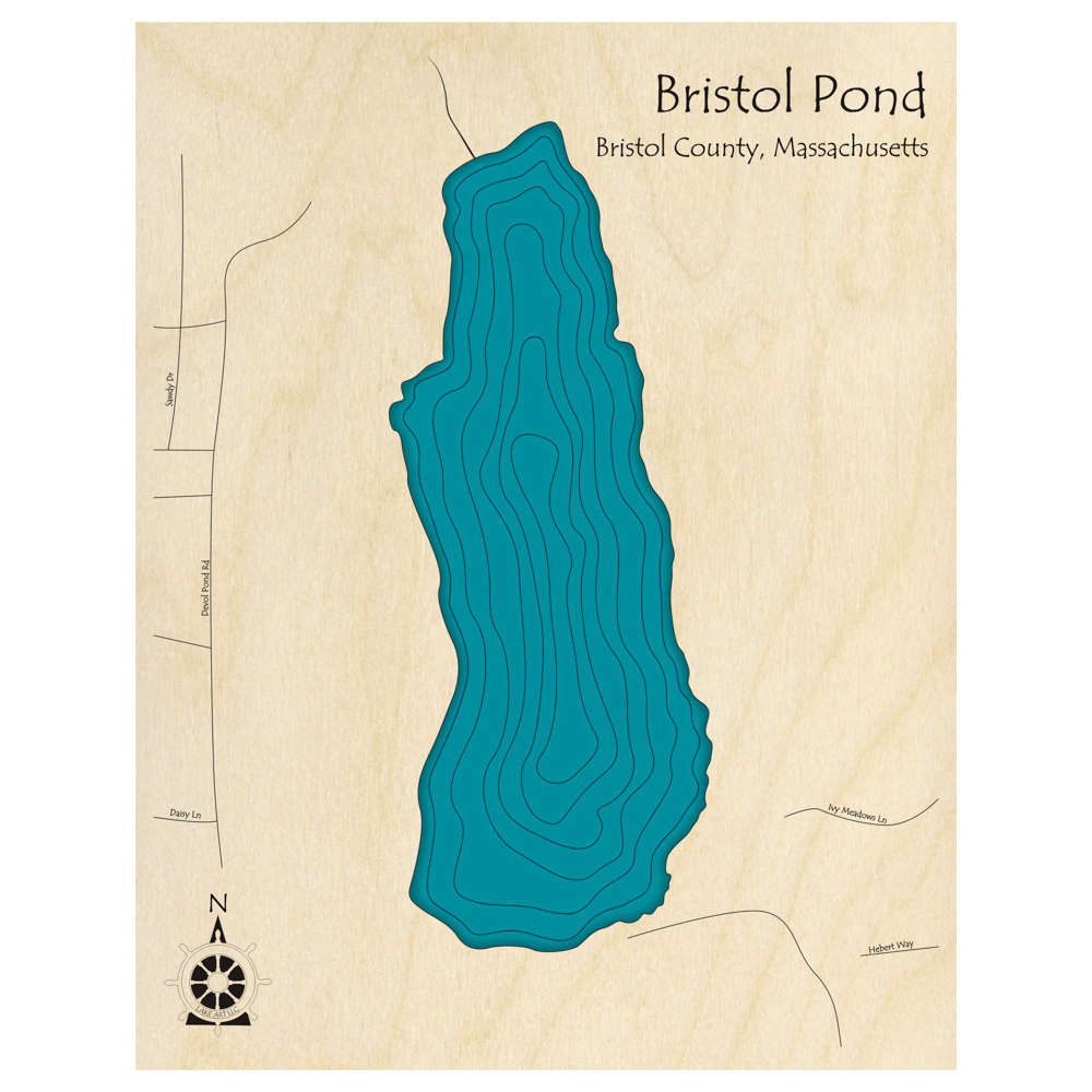 Bathymetric topo map of Devol Pond, MA with roads, towns and depths noted in blue water.