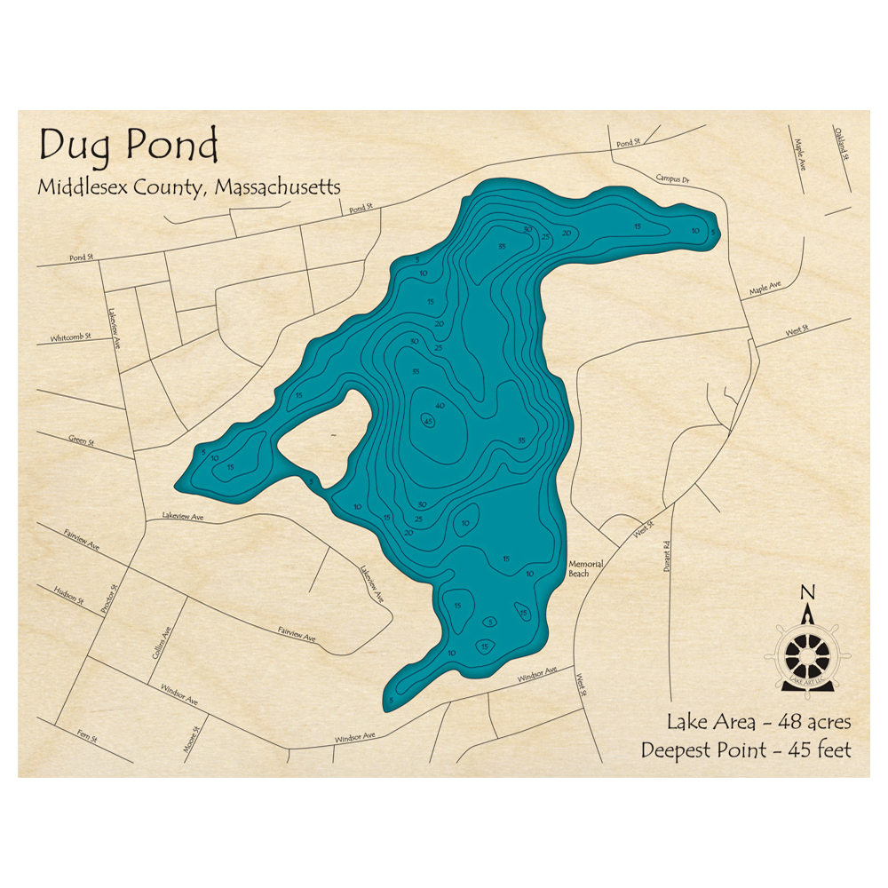 Bathymetric topo map of Dug Pond, MA with roads, towns and depths noted in blue water.