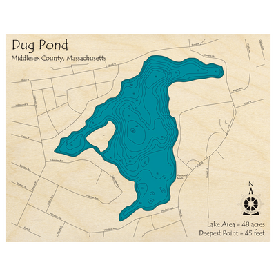 Bathymetric topo map of Dug Pond, MA with roads, towns and depths noted in blue water.
