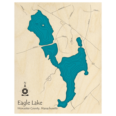 Bathymetric topo map of Eagle Lake and Stump Pond, MA with roads, towns and depths noted in blue water.