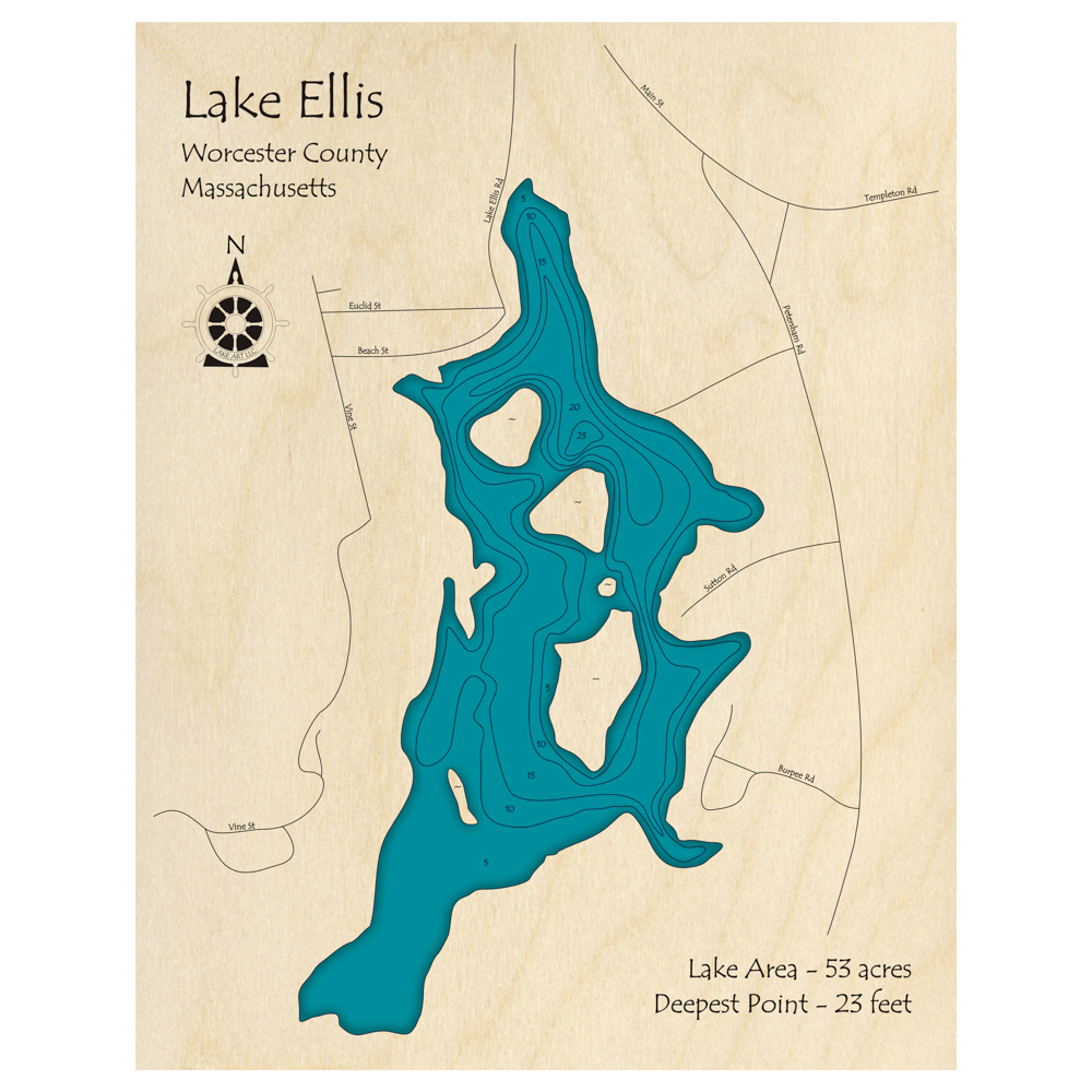 Bathymetric topo map of Ell Pond, MA with roads, towns and depths noted in blue water.
