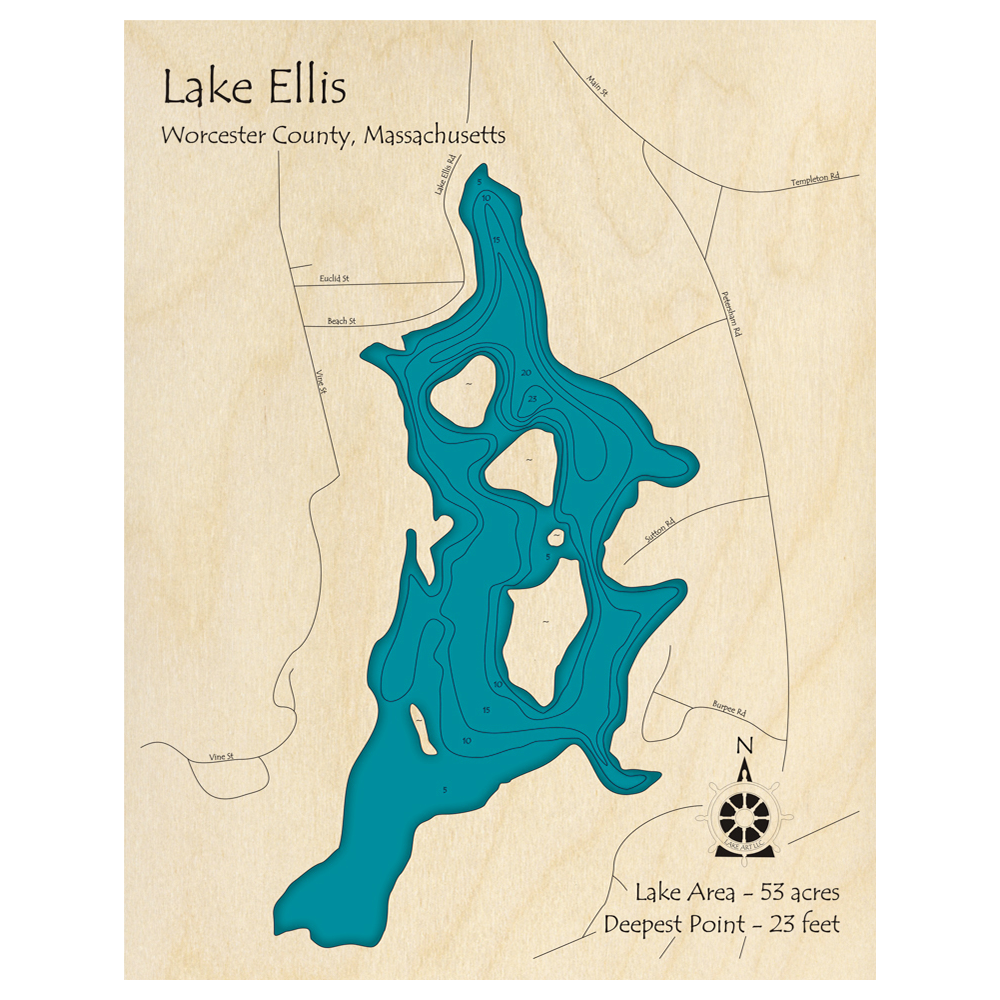 Lake Ellis, Massachusetts 3D Custom Wood Map – Lake Art LLC