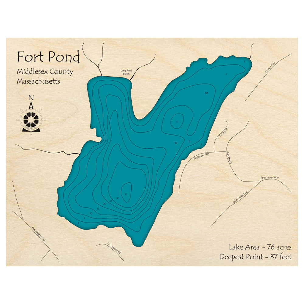 Bathymetric topo map of Fort Pond, MA with roads, towns and depths noted in blue water.
