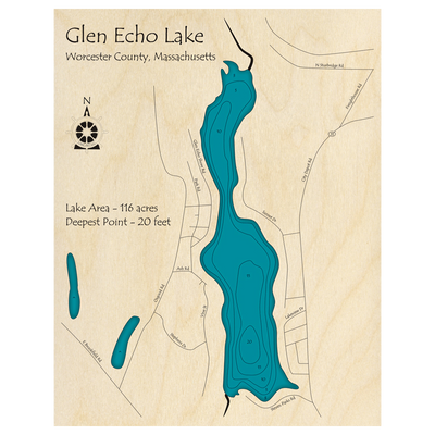 Bathymetric topo map of Glen Echo Lake, MA with roads, towns and depths noted in blue water.