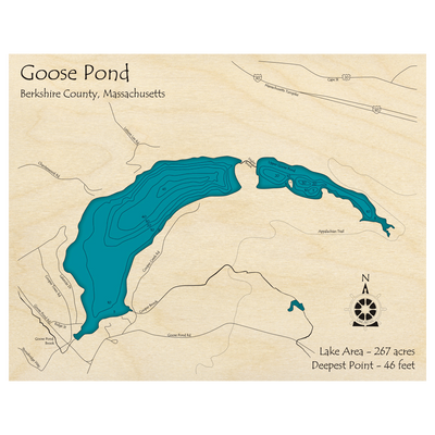 Bathymetric topo map of Goose Pond, MA with roads, towns and depths noted in blue water.