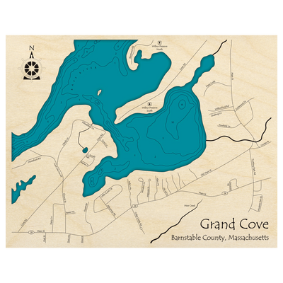 Bathymetric topo map of Grand Cove, MA with roads, towns and depths noted in blue water.