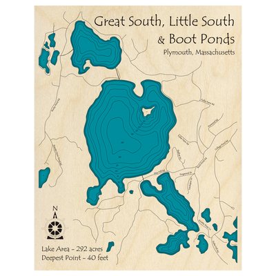 Bathymetric topo map of Great South, Little South and Boot Ponds, MA with roads, towns and depths noted in blue water.