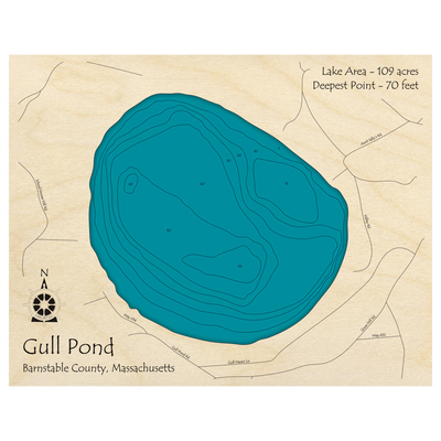 Bathymetric topo map of Gull Pond, MA with roads, towns and depths noted in blue water.