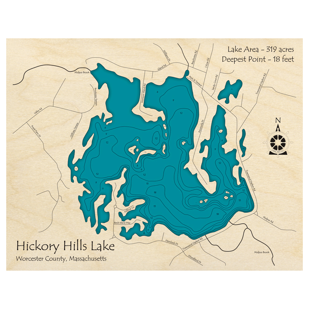 Bathymetric topo map of Hickory Hills Lake, MA with roads, towns and depths noted in blue water.