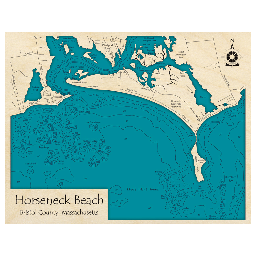 Bathymetric topo map of Horseneck Beach, MA with roads, towns and depths noted in blue water.