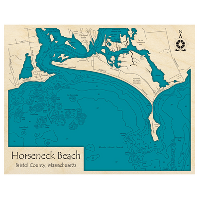 Bathymetric topo map of Horseneck Beach, MA with roads, towns and depths noted in blue water.