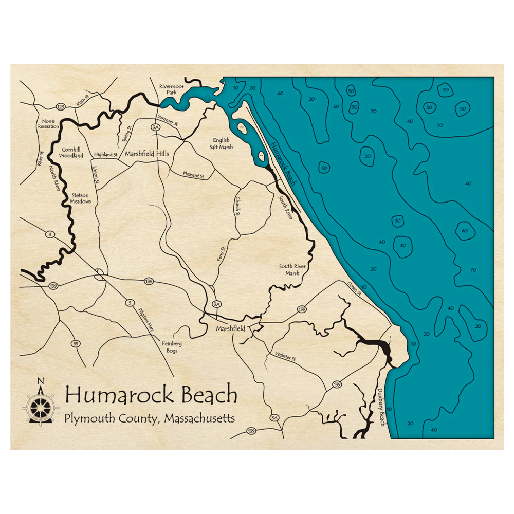 Bathymetric topo map of Humarock Beach, MA with roads, towns and depths noted in blue water.