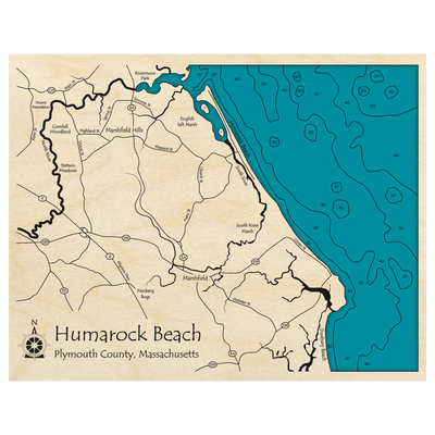 Bathymetric topo map of Humarock Beach, MA with roads, towns and depths noted in blue water.