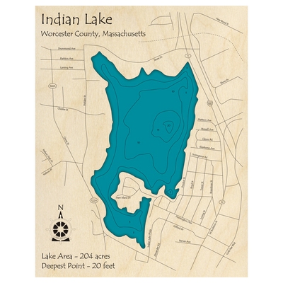 Bathymetric topo map of Indian Lake, MA with roads, towns and depths noted in blue water.
