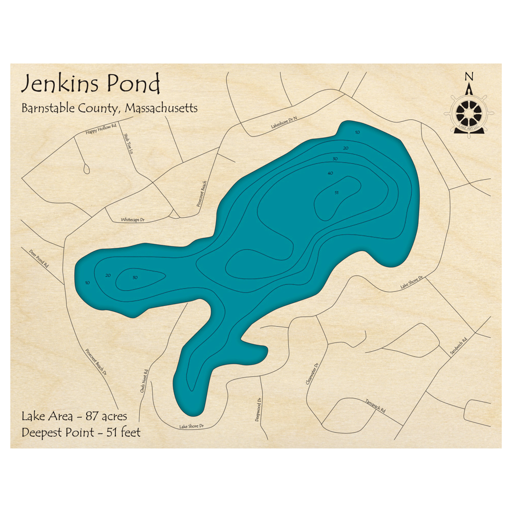 Bathymetric topo map of Jenkins Pond, MA with roads, towns and depths noted in blue water.
