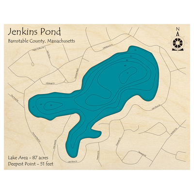 Bathymetric topo map of Jenkins Pond, MA with roads, towns and depths noted in blue water.