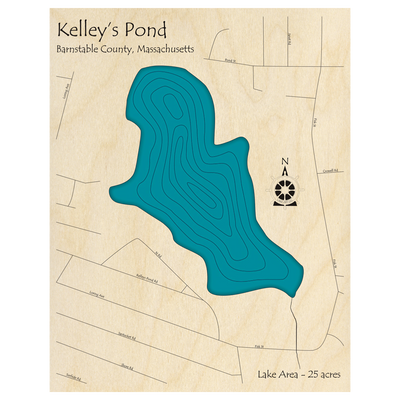 Bathymetric topo map of Kelleys Pond, MA with roads, towns and depths noted in blue water.