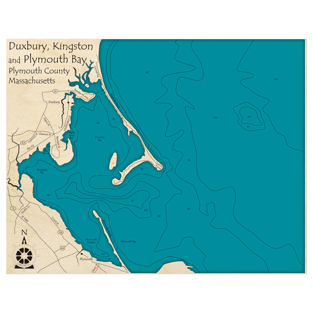 Bathymetric topo map of Duxbury, Kingston and Plymouth Bays, MA with roads, towns and depths noted in blue water.