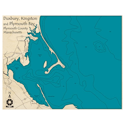 Bathymetric topo map of Duxbury, Kingston and Plymouth Bays, MA with roads, towns and depths noted in blue water.