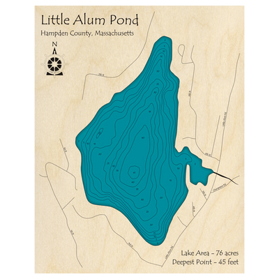 Bathymetric topo map of Little Alum Pond, MA with roads, towns and depths noted in blue water.