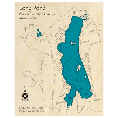 Bathymetric topo map of Long Pond, MA with roads, towns and depths noted in blue water.