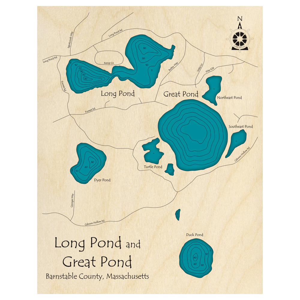 Bathymetric topo map of Long Pond and Great Pond, MA with roads, towns and depths noted in blue water.