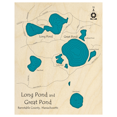 Bathymetric topo map of Long Pond and Great Pond, MA with roads, towns and depths noted in blue water.