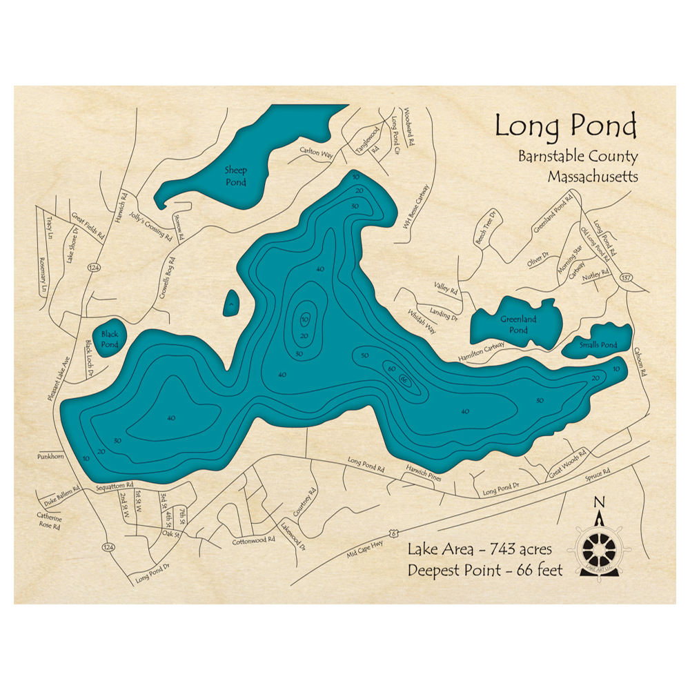 Bathymetric topo map of Long Pond, MA with roads, towns and depths noted in blue water.