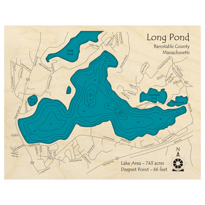 Bathymetric topo map of Long Pond, MA with roads, towns and depths noted in blue water.