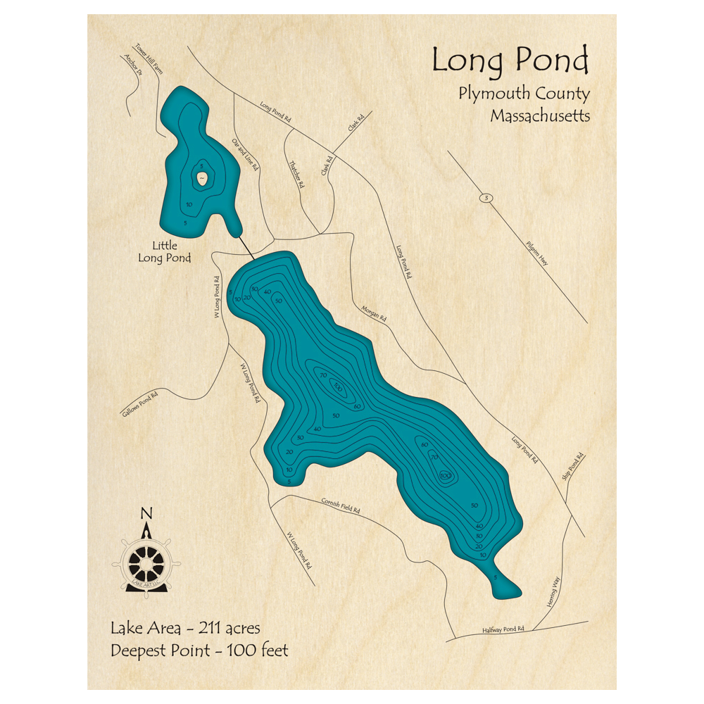 Bathymetric topo map of Long Pond, MA with roads, towns and depths noted in blue water.