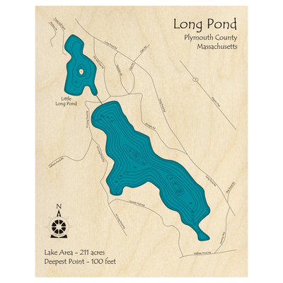Bathymetric topo map of Long Pond, MA with roads, towns and depths noted in blue water.
